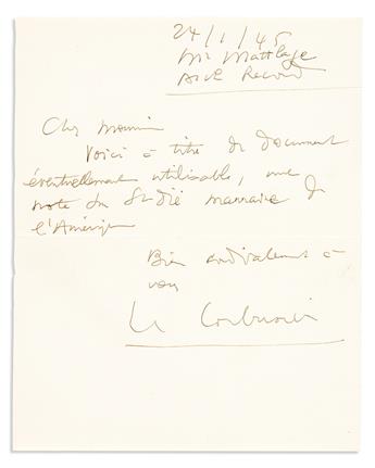 LE CORBUSIER. Autograph Letter Signed, to Charles Mattlage at Architectural Record magazine, in French,